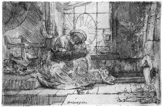 Rembrandt: The Virgin & Child with the Cat & the Snake Original etching, 1654. Ref: Bartsch 63ii/ii