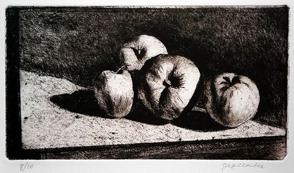 Jeff Clarke | Exhibition by Elizabeth Harvey-Lee | Four Apples | Original etching, 2019