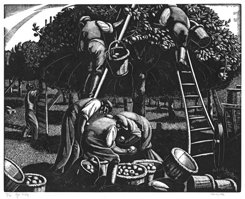 CLARE LEIGHTON, London 1898 – 1989 Woodbury, Connecticut. Apple Picking. This original wood engraving has been sold