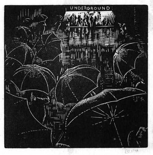 WILLIAM THOMAS RAWLINSON, Liverpool 1912 – 1993 Redditch. Rainy night – entrance to an Underground Station. Original linocut, 1932