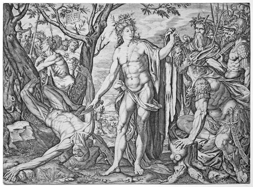 MELCHIOR MEIER, A German engraver probably active in Tuscany c1572 – 1582. Apollo & Marsyas, with the judgement of Midas. This Original engraving, 1581.