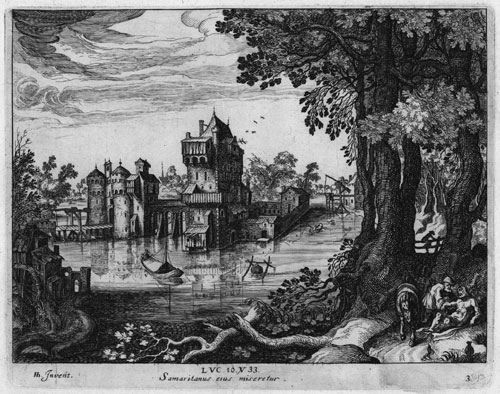 SIMON WYNOUTS FRISIUS (Simon de Vries), c1580 Harlingen – 1628 The Hague. Landscapes with The Story of the Good Samaritan. The set of four engravings, c1600-1620. These engravings are for sale, priced £2000
