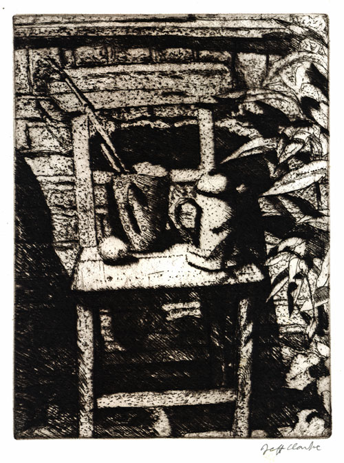 Jeff Clarke at 80 | Exhibition by Elizabeth Harvey-Lee | Chair, spotted jug and leaves. Etching on copper, 2014
