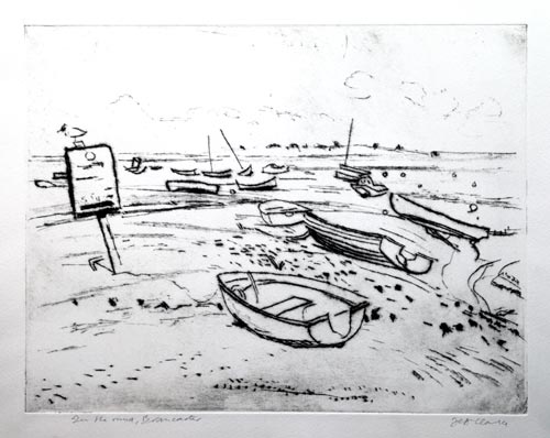 JEFF CLARKE R.E., Born Brighton 1935. In the Mud, Brancaster. Original drypoint, 2019. This print is for sale, priced £280