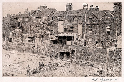 WALTER GREAVES, Cheyne Row, Chelsea 1846 – 1930 Hammersmith Hospital. The Adam & Eve. Original etching, c1870’s. 