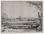 REMBRANDT Harmensz. Van Rijn, Leiden 1606 – 1669 Amsterdam.Canal with a large Boat and Bridge. Original etching and drypoint, 1650.