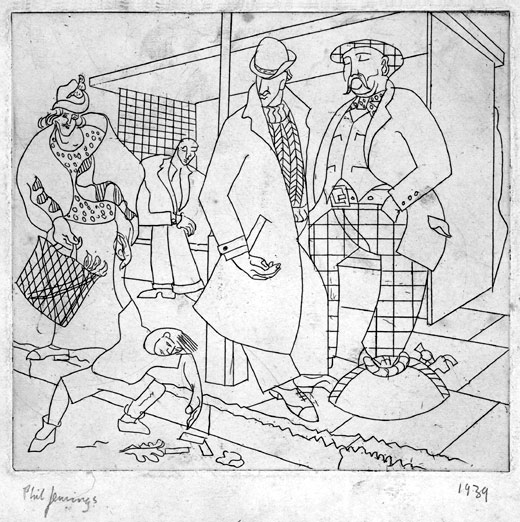 PHILIP OSWALD JENNINGS R.E., Chiswick 1921 – 1983 Whitchurch, Glamorgan. Figures at a Bus Stop. Original etching, 1939. This print is for sale, priced £135