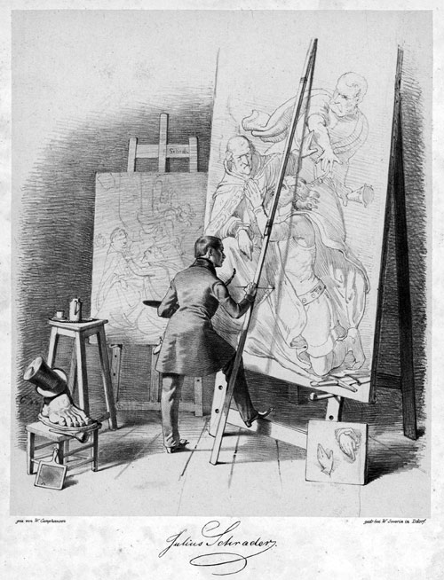 WILHELM CAMPHAUSEN, Düsseldorf 1818 – 1885 Düsseldorf. Julius Schrader in His Studio. Original lithograph, 1844. This print is for sale, price £350