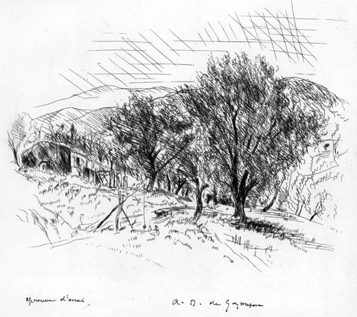 ANDRE DUNOYER DE SEGONZAC, Boussy-St Antoine 1884 – 1974 Paris. Le vieux Jas. Original etching, c1927. 