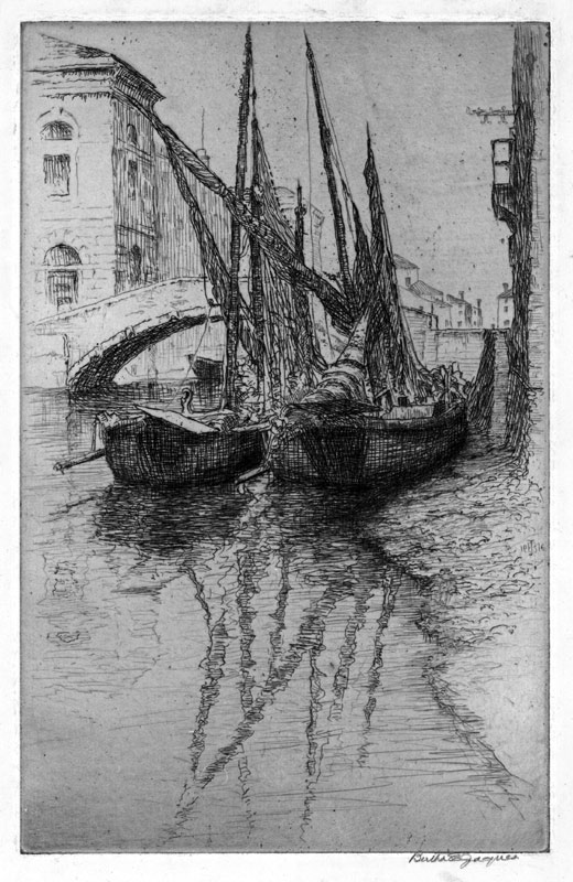 BERTHA EVELYN JAQUES, Covington, U.S.A. 1863 – 1941 . Waiting for the Tide – Chioggia – Italy. Original etching, c1914.