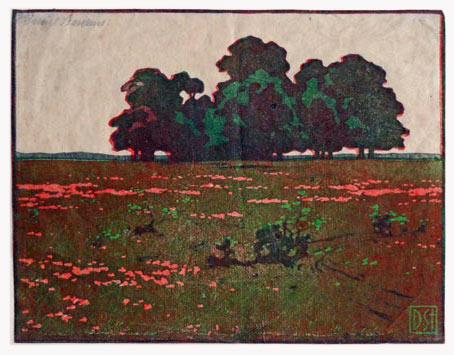 Daniel Staschus, Landscape with a Grove of Trees. This original colour woodcut is for sale:  £120